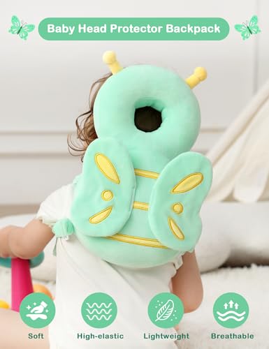 Image of JunNeng Baby Head Protector Backpack for Walking Crawling, Green Butterfly | Soft, Breathable, Adjustable, Baby Fall Back Head Protector for Falling