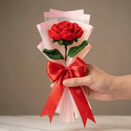 Image of Handmade Crochet Red Rose Bouquet, Artificial Forever Flowers, Acrylic Yarn, 25cm, Gift for Anniversary Birthday Valentine's Day