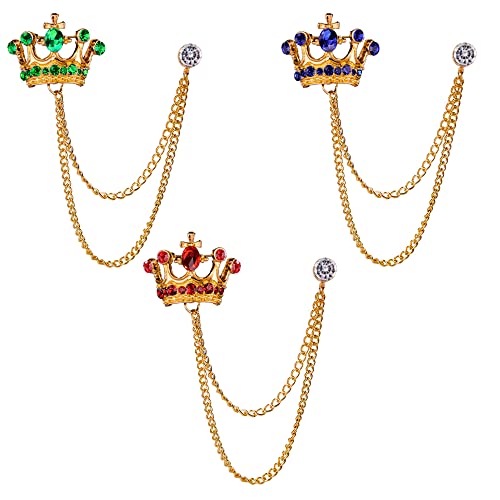 3 piezas de broche de camisa para hombres, pines de broche de corona, camisas de pin de solapa, capas de cadena de collar, rojo y azul, Metal Metal Cristal Cover