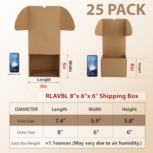 RLAVBL 8x6x6 Shipping Boxes Set of 25, Brown Corrugated Cardboard Mailer Box for Packing, Mailing, Business
