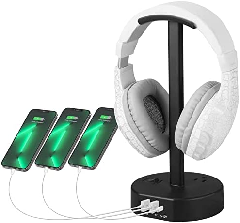 ZEXDOK Headphone Stand Headset Holder USB Charger Station Circular Base Power Strip with 2 Outlets, 3 USB (2A+1C) Aluminum Supporting Bar Suitable for Gamers Gaming Desk Accessories