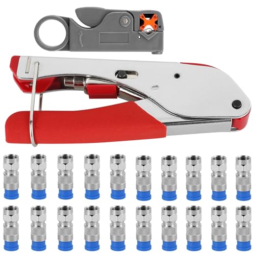 WANDGU Juego de alicates de compresión: crimpadora tipo F, herramienta pelacables con 20 conectores F de compresión y cortador de cable coaxial giratorio, cable F macho crimpadora para cable SAT,