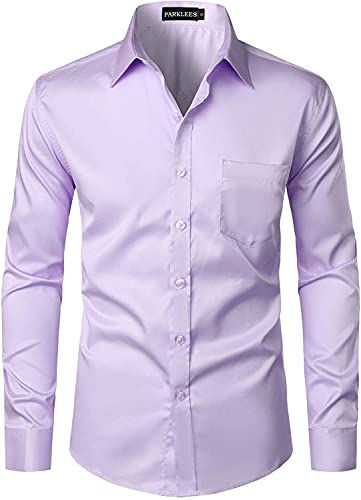 PARKLEES Men's Urban Stylish Casual Business Slim Fit Long Sleeve Button Up Dress Shirt with Pocket Lavender M