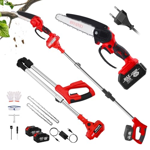 2 in 1 potatore a batteria, 8 pollici mini motosega a mano con 1,8m pieghevole asta di prolunga, 2x2000mah, kit per motosega da esterno per rami alti per potatura di alberi da giardino