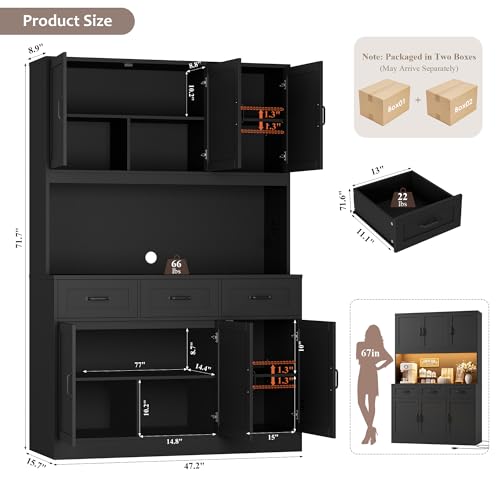 Image of HOSTACK Kitchen Pantry Storage Cabinet, Tall Kitchen Hutch Cabinet, Black | 47 inchW Food Pantry Cabinet with Smart LED / Charging Station / Countertop / 3 Large Drawers, 72 inchH Storage Hutch for Dining Room