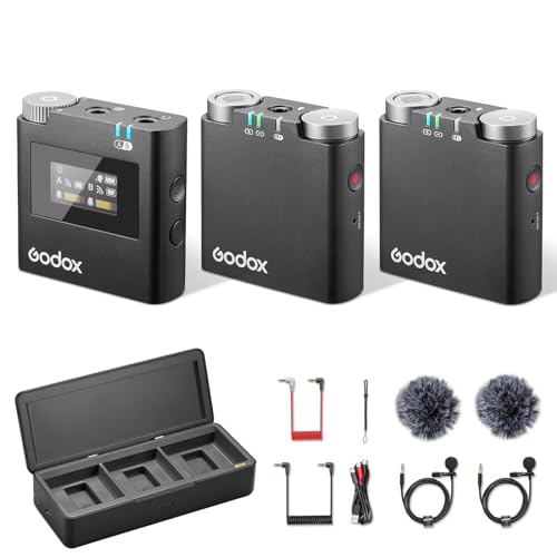 GODOX Virso M2 Wireless Lavalier Microphone System, Built-in Battery Charging Case, 200m(656ft.) Range, Internal Recording, Noise Cancelling Wireless Lapel Microphone for Cameras, PC, Smartphones GODOX Virso M2 Wireless Lavalier Microphone System, Built-in Battery Charging Case, 200m(656ft.) Range, Internal Recording, Noise Cancelling Wireless Lapel Microphone for Cameras, PC, Smartphones