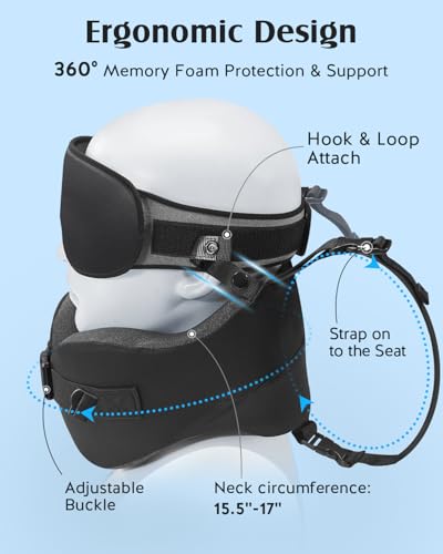 Image of YFONG Travel Pillow for Long Flight Airplane, Head Strap Combo with 3D Contoured Sleep Eye Mask, Neck Pillow for Travel Essential, 360 Support Memory Foam Headrest, Prevent Bobbing, Drawstrap - Black