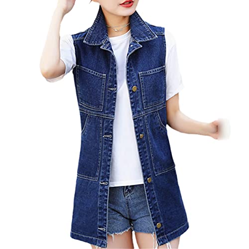 Gilet en jean pour femme veste denim mi-longue sans manches bleu 3XL