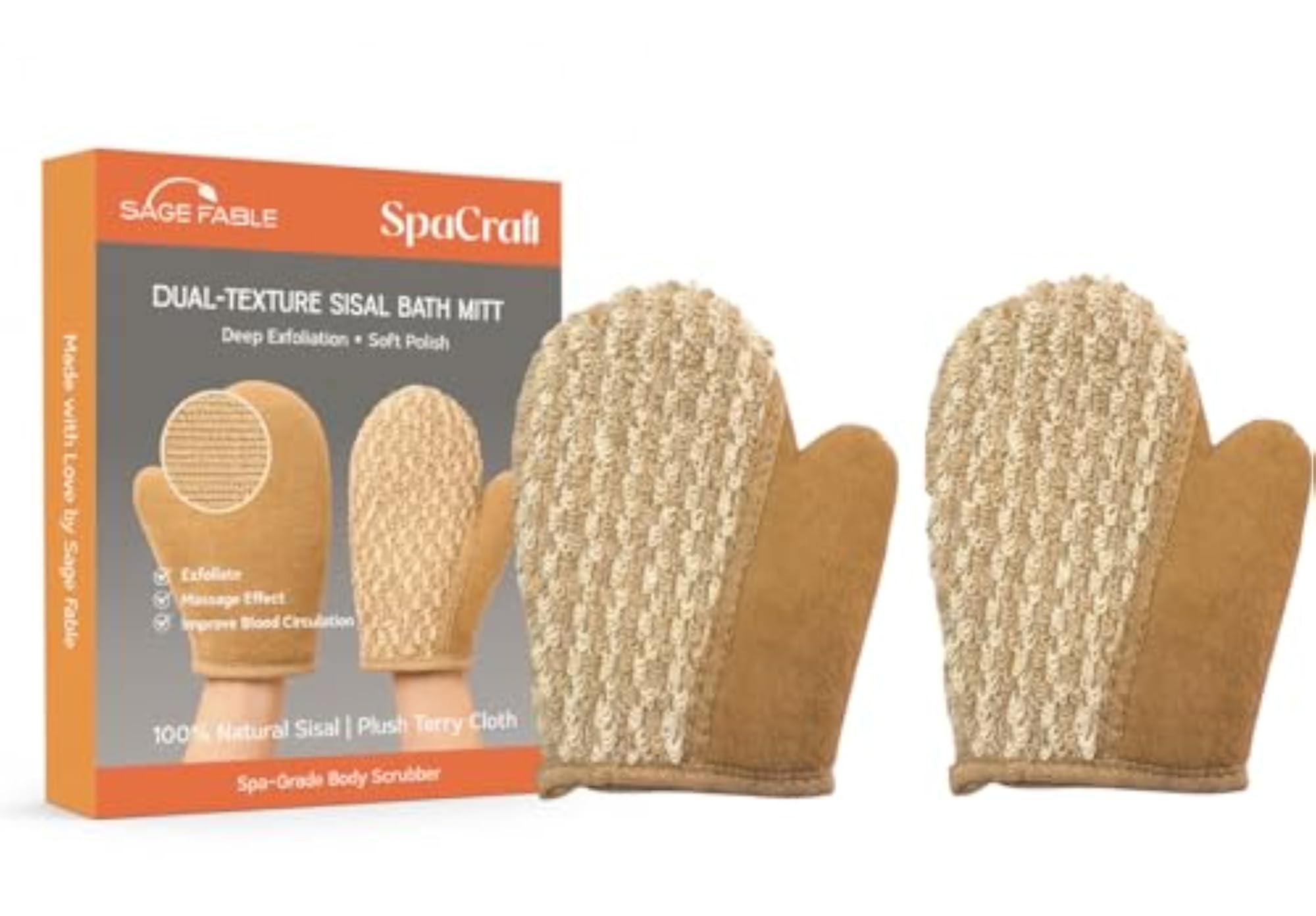 SpaCraft Dual-Texture Sisal Exfoliating Bath Mitt, Premium Body Scrubber