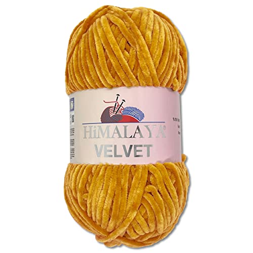 Wohnkult Himalaya 100 g Velvet Dolphin Wolle 40 Farben zur Auswahl Chenille Strickgarn Flauschgarn Glanz Accessoire Kleidung Decken (90030 | Senf)