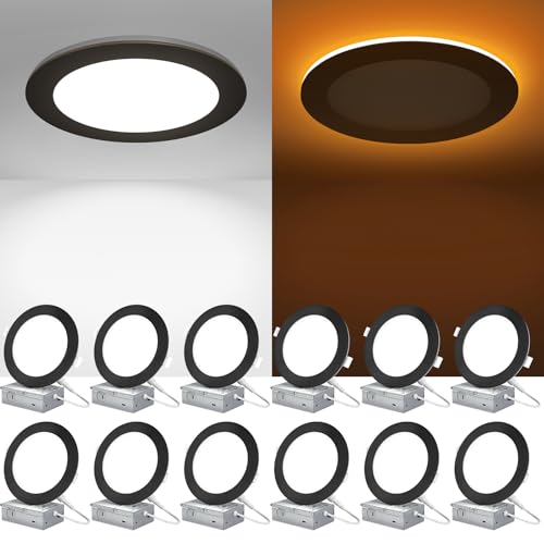 ZYC Recessed Lighting 6 Inch - 12W 1100LM LED Recessed Ceiling Light with Night Light,2700K/3000K/3500K/4000K/5000K Selectable Ultra-Thin Lighting,Dimmable Canless Wafer Downlight,Pack of 12(Black).