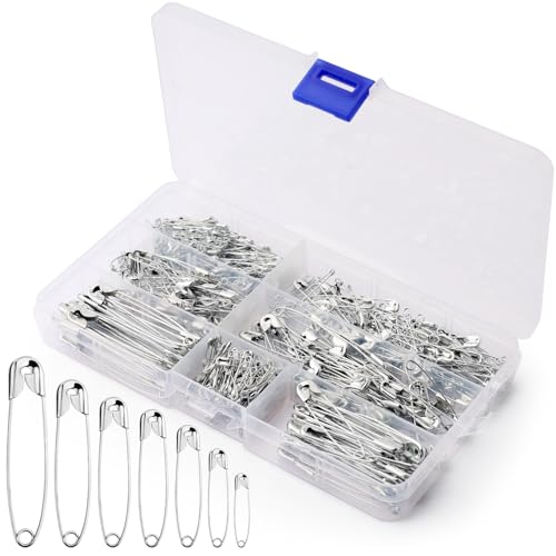 RAFIYU 450 Stück Sicherheitsnadeln,Kleidung Sicherheitsnadeln klein für Kunsthandwerk Nähen,Rostbeständig Haltbar Sicherheitsnadeln mit 7 Größen(18mm,22mm,27mm,30mm,38mm,45mm,55mm) Silber