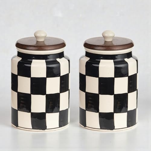 Image of Airtight Ceramic Jars with Wooden Lid (Pack of 2) - 1000ml Each - Kitchen Storage Containers for Sugar, Tea, Salt, Pickles, Pulses & More