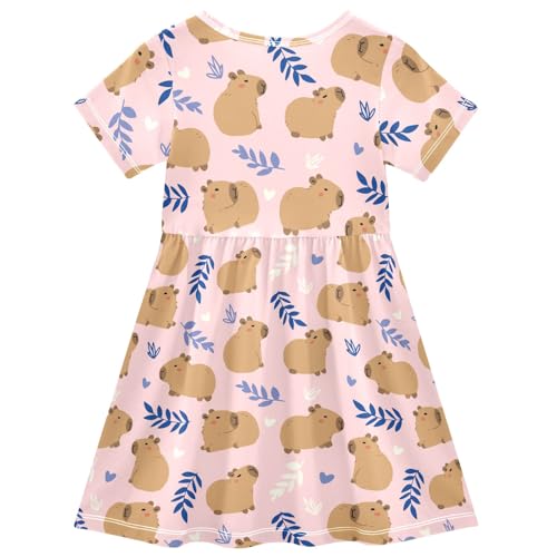 Cute Capybara Simple Flower Pattern Summer Girls Short Sleeve Dress Casual Dresses Beach Sundress for 2-8 Years2