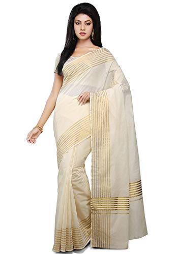 Image of Women's Kerala Traditional Cotton Kasavu Saree with Running Blouse | Sari for Weddings, Festivals, Temple Visits, Onam Vishu & Regular Wear