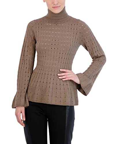BCBGMAXAZRIA Women's Fitted Peplum Sweater Long Sleeve Bell Cuff Turtle Neck Ruffle Hem Top
