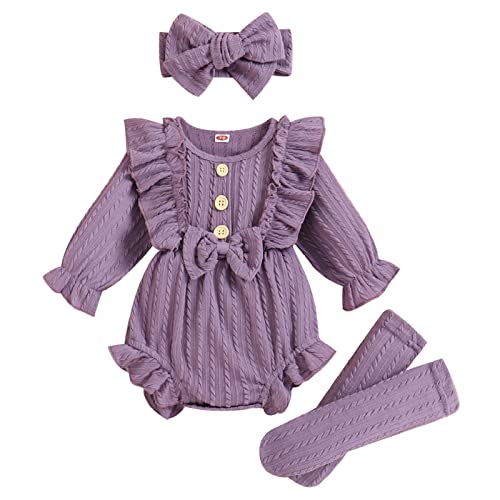 Image of GRNSHTS Newborn Baby Girl Clothes Ruffle Solid Sweater Long Sleeve Romper+Hairband+Socks 3Pcs Fall Winter Outfits