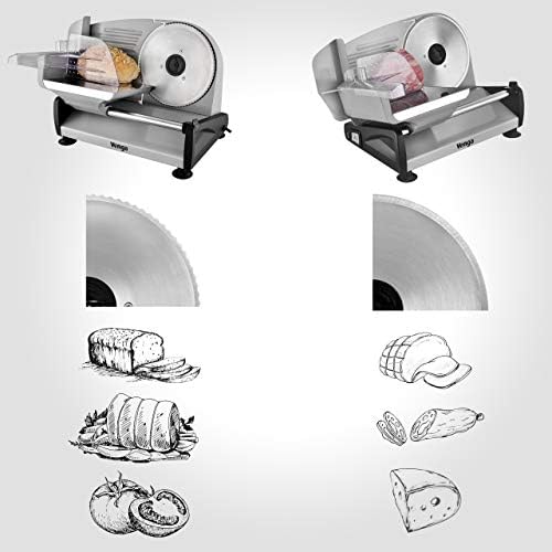 Venga! Electric Food Slicer, 1 Serrated Blade For Bread, 1 Smooth Blade for Cooked meats and Vegetables, thickness adjustment from 0 to 15mm, 200W, Stainless Steel, VG AS 3005 BS
