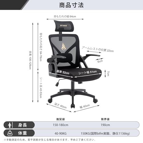 Symino オフィスチェア ゲーミングチェア デスクチェア パソコンチェア 人体工学 メッシュ 通気性 17°ロッキング 高さ調整ヘッドレスト 折りたたみアームレスト 腰サポート 360度回転 在宅ワーク 勉強椅子 耐荷重150kg ブラック [3]