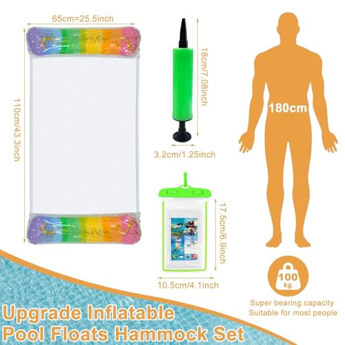 Miniatura 6 de Pack De 2 Hamaca Flotante De Pvc - Hamaca Reforzada 4 En 1 Con Gradiente De Lentejuelas,2 Bolsas Impermeables Ipx8 Con Bomba De Aire Manual,Colchoneta Hinchable Colgante Para Piscina Lago Playa