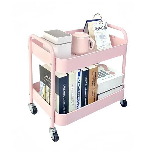 LiWNYRK キッチンワゴン ピンク デスク下ワゴン 洗面所 2段 細い棚 30奥行きx45幅 x 41高さcm スリムラック 移動式 すきま 頑丈 小さい棚 冷蔵庫脇のペットボトル