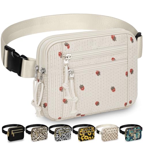 Image of Fanny Packs for Women 4 Zip Pocket Crossbody Belt Bag Waist Bags | Waterproof,Fashion Waist Pack,Crossbody Bags for Women,with Adjustable Strap,for Workout,Running,Traveling(Strawberry,L)