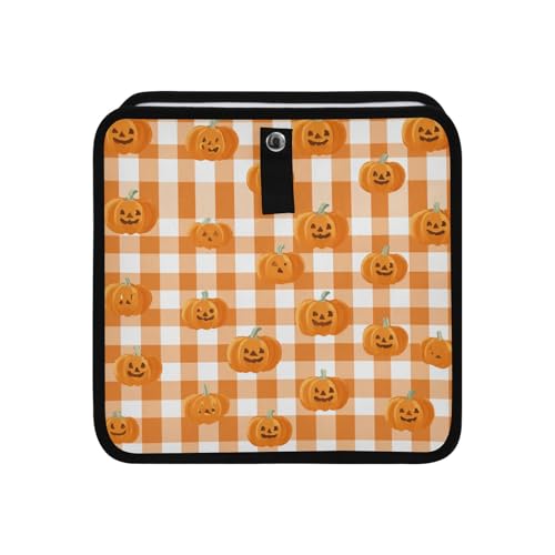 Image of Car Trash Can Organizer Bin with Adjustable Strap for Back Front Seat Console Waterproof Leakproof Collapsible Portable 8.66 Inch Halloween Orange Plaid Pumpkin Heads