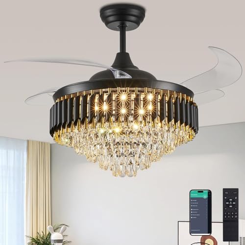 Image of 42 inch Crystal Ceiling Fan Black Gold Chandelier with Remote | Retractable Blades | LED Light (3 Color Modes) | Modern Luxury Fan Light for Living Room & Dining Fan Chandelier