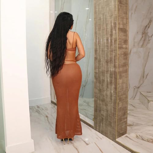 Image of Women's Dress Set, Sexy Knitted Mesh See-Through Lingerie Set, Slim-Fit Party Club Maxi Skirt