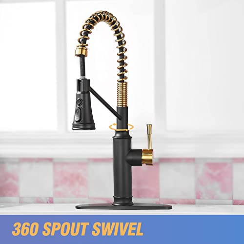 Achelous Black And Gold Farmhouse Kitchen Faucet With Soap Dispenser,Modern Pull Down Rv Kitchen Sink Faucets,Commercial Stainless Steel Pull Out Kitchen Fixtures #TOP2