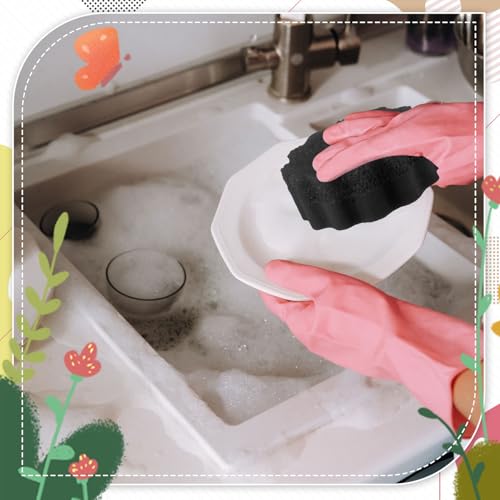 Image of FillTouch 3 Pcs Dual Sided Scrub Sponge Multi Functional Cute Temperature Sensitive Non Scratch Dish Sponge for Washing Dishes Kitchen Bathroom(Flower,Black)
