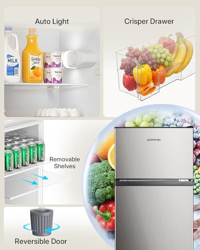 Upstreman 7.7 Cu.Ft. Refrigerator With Freezer, Double Door, Adjustable Thermostat, Large Capacity, Reversible Door Swing, Refrigerator For Apartment, Office, Dorm, Stainless (Bd75) on Fridge.com - View 6