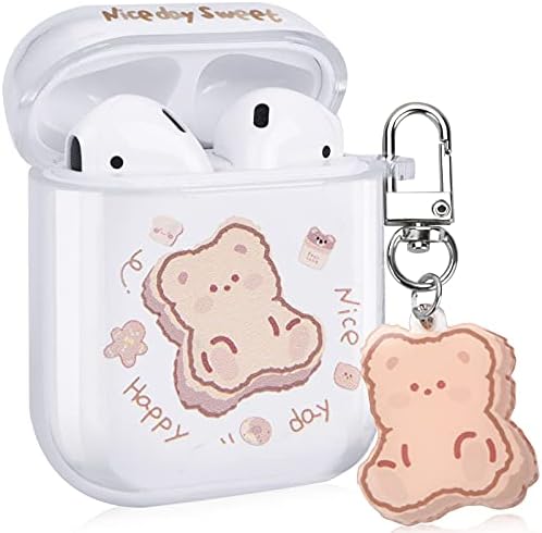 Clear AirPods Case with Bear Keychain Cute Cartoon Bear Design Full Protective Silicone Cover Compatiable with AirPod 2&1 Case for Kids and Womens (Brown)