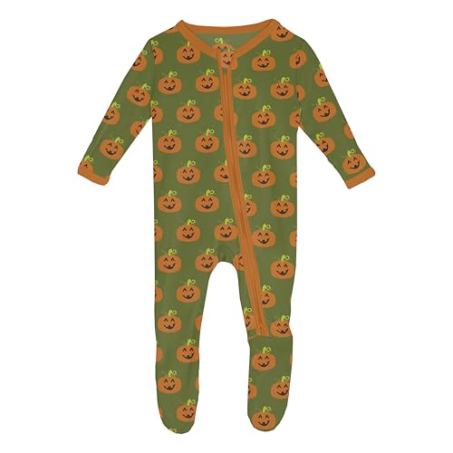 KicKee Spooky Soft Halloween Zip Footie – Cozy One-Piece Pajamas for Babies and Toddlers, Perfect for Little Ghouls and Goblins (Moss Jack O'Lantern - 12-18 Months)