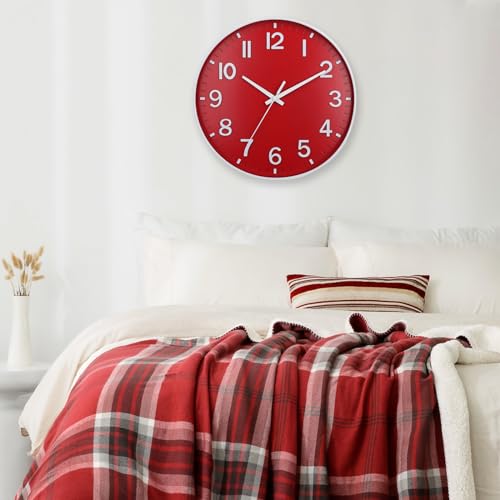 Image of HZDHCLH Red Wall Clocks Battery Operated,12 inch Silent Non Ticking Modern Christmas Wall Clock for Living Room Bedroom Kitchen Office Classroom Decor