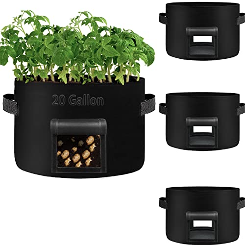 TCBWFY 20Gallon Potato Grow Bags with 2 Flaps,4 Pack Heavy Duty 14oz/yd&sup2; Potato Grow Bags,Planting Bag with Sturdy Handles and 2 Harvest Windows,Vegetable Grow Bags for Planting Potato,Carrots