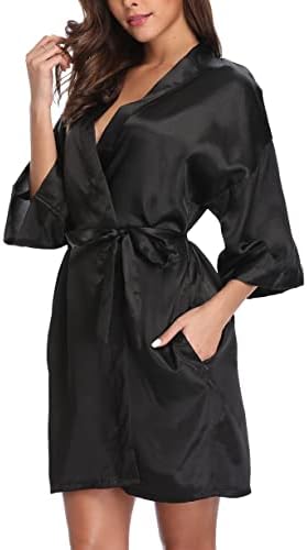 VOGMATE Women's Satin Short Robes for Bridesmaid Bride Pure Color Wedding Party Bathrobe Soft Loungewear for Ladies Black S