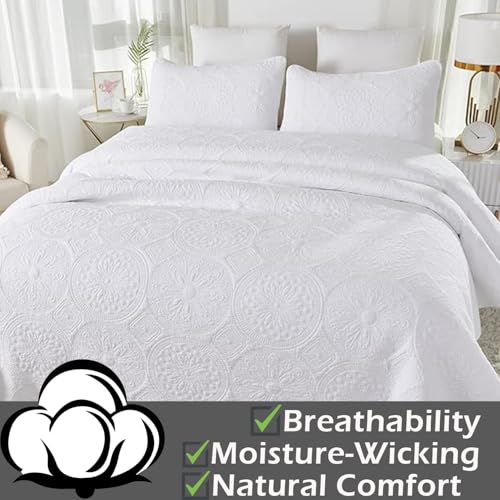 Brandream White Quilts Queen Size Quilt Bedding Set Cotton Elegant Medallion Matelasse Coverlet Set 3 Piece thumb #1