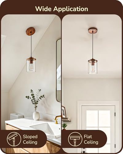[Prime] 2-Pack EDISHINE Farmhouse Pendant Light w/ Wood Grain Finish & Clear Glass Shade (Walnut) - image 4