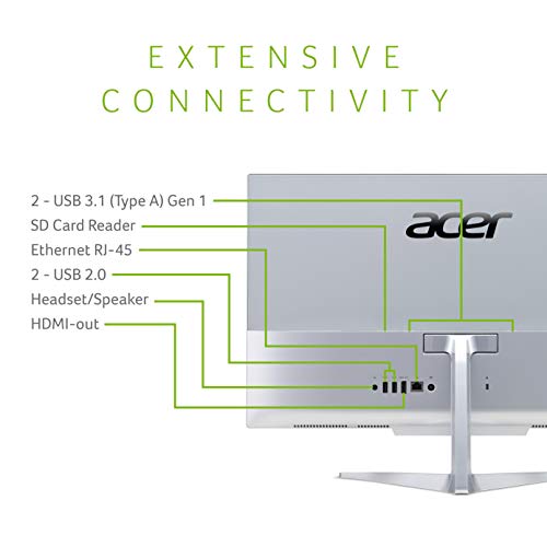 Image of acer Aspire C24-865-UA91 AIO Desktop, 23.8 inches Full HD, 8th Gen Intel Core i5-8250U, 8GB DDR4, 1TB HDD, 802.11AC WiFi, Wireless Keyboard and Mouse, Windows 10 Home, Silver