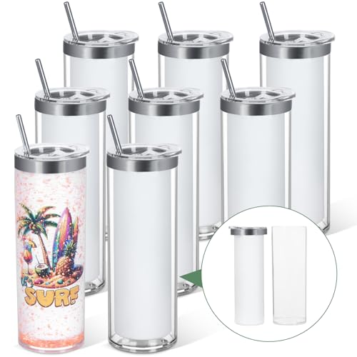 20 Oz 8 Pack Double Wall Pre Drilled Sublimation Storyboard Snow Globe Tumbler Inner Stainless Steel Outer Plastic Insulated Storyboard Cups DIY Interlayer for Glitter Storyboard Tumbler Gifts