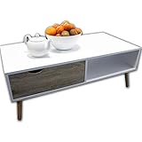 Massivholzbeine Großer WOHNZIMMERTISCH WEIß  Modern Eiche Sonoma  Couchtisch Sofatisch Beistelltisch mit Schublade