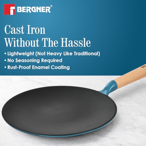 Image of BERGNER Excalibur Lightweight Cast Iron Roti Tawa 26cm, Sturdy Wooden Handle, Non-Stick Coating, PFAS Free, Perfect Heat Distribution, Elegant Design - Induction and Gas Stove Ready (Blue)