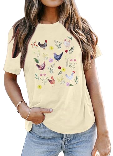LHBNK Chicken Shirt for Women Farm Life T Shirt Funny Chicken Graphic Tee Shirts Casual Love Chickens Tops Cream, Medium