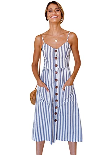 Image of YMING Womens Summer Spaghetti Strap Dresses Button Down Floral Sundress High Waist Swing Midi Dress with Pockets