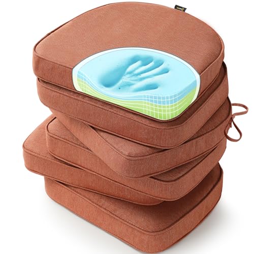 SUNROX Gel Memory Foam Chair Cushions, FadeShield Water-, Stain-Resistant Durable Reversible Seat Cushion Pads with Ties for Indoor/Outdoor Kitchen Dining Office 17"x16" Set of 6, Terracotta