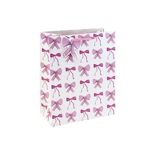 Eurowrap Present Bow Medium Gift Bag with Ribbon Handles Pink Bow Pattern Design Matching Bow Gift Tag Stylish Gift Bag for Mothers Day and Birthday