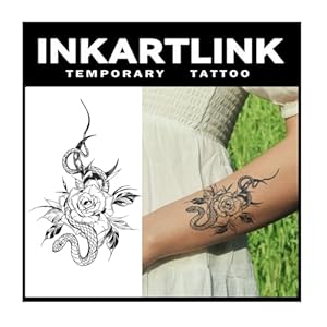 Tattoo Tech, 2 Sheets Large Semi Permanent Tattoo, Adult Art Design Temporary Tattoos, Lasts 1-2 Weeks, Waterproof, Realistic Look, No Adhesive, No Reflection (Flower and Snake Design)