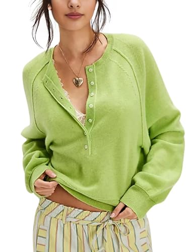 Women's Fall Sweater Henley Neck Long Sleeve Lightweight Pullover Casual Knit Top Lounge Workwear Solid Color