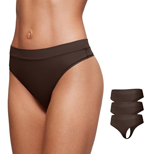CRZ YOGA Womens High Rise Soft Thongs Sexy Tagless Invisible Panties Smooth Comfort Stretch Breathable Ladies Underwear 3 Pack Hot Fudge Brown(3pack) 12